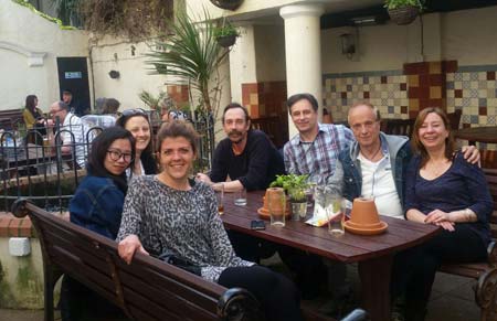 Rachel and Eduardo (far right) at a local pub with fellow students